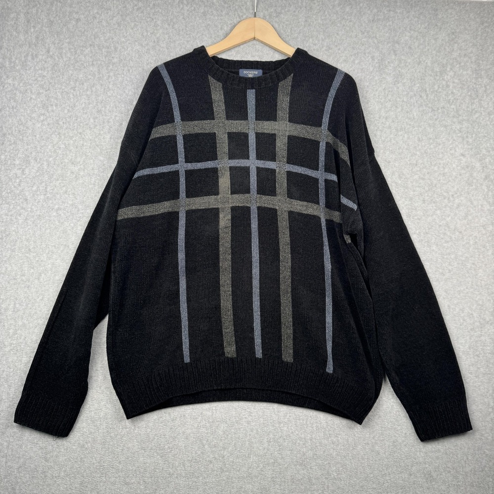 Dockers Sweater Mens Large Black Windowpane Plaid Crewneck Long Sleeve Knit